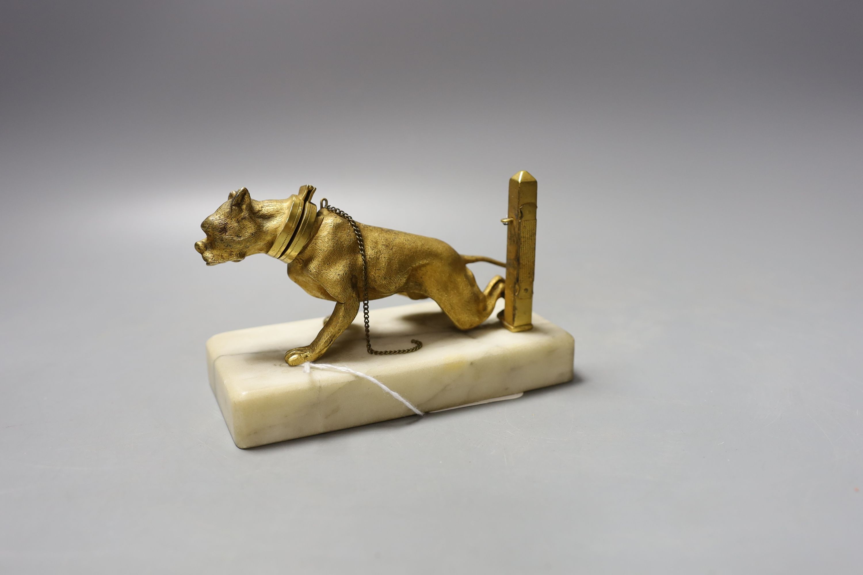 A French ormolu ‘dog’ match tidy on alabaster base 14.5cm